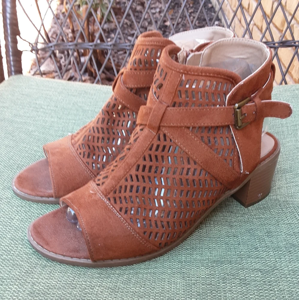 Diba London Faux Suede Laser Cut Open Toe Heel Bootie.